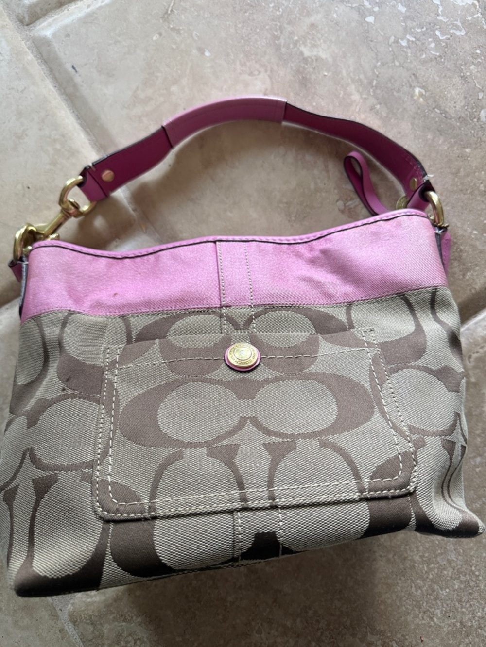 Coach Signature Shoulder Bag with Pink Trim